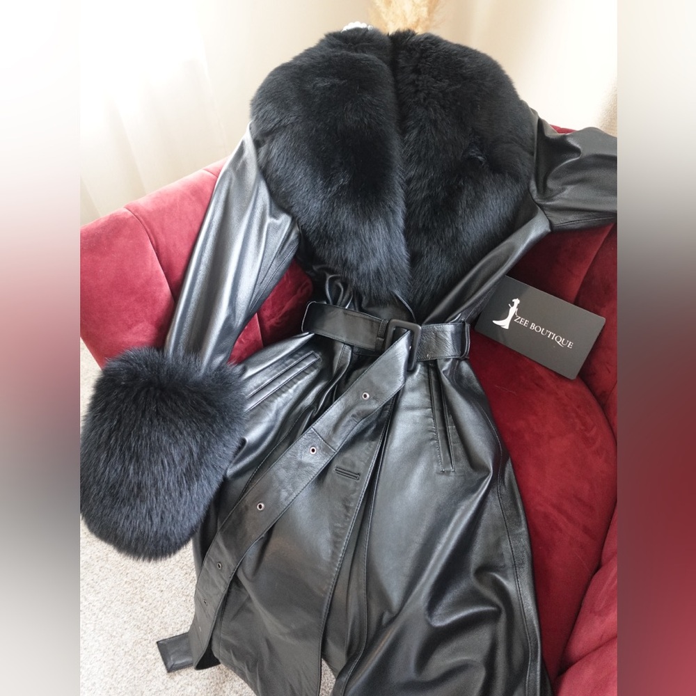 Luxurious Black Fox Fur-Trimmed Leather Coat
